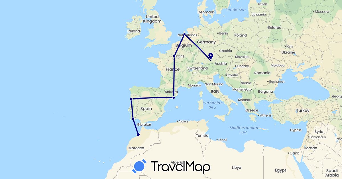 TravelMap itinerary: driving in Germany, Spain, France, Morocco, Netherlands, Portugal (Africa, Europe)